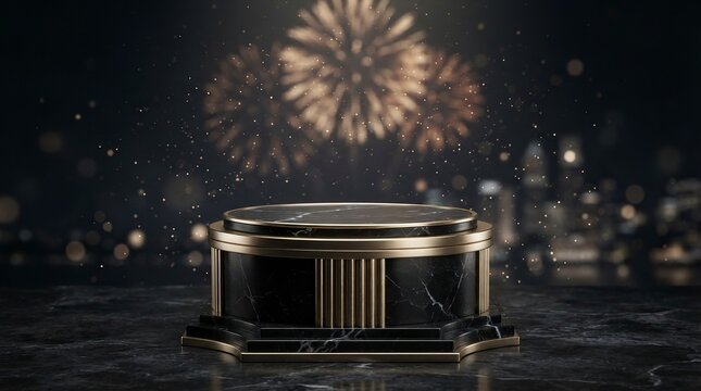 Luxurious Black Marble Product Display Podium with Gold Accents Set Against a Festive Night Background with Fireworks and Blurry Cityscape Lights for Premium Watch or Jewelry Presentation