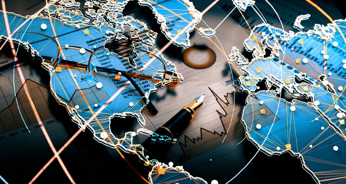  Red financiera global y fondo digital de banca cartogr&aacute;fica mundial. Negocios internacionales, econom&iacute;a global, comercio financiero, conectividad de datos, concepto corporativo.
