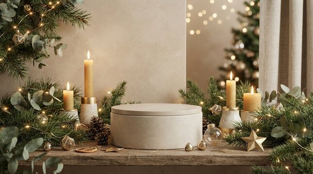 Minimalist Beige Round Podium for Wellness Product Display in Festive Christmas Interior with Lit Candles, Green Pine Branches, Eucalyptus Leaves, Golden Ornaments, and Warm Bokeh Fairy Lights