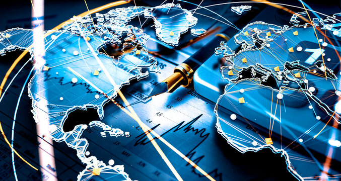  Red de conexi&oacute;n financiera global sobre fondo de mapa mundial azul. Comunicaci&oacute;n internacional, econom&iacute;a digital, transferencia de datos, alta tecnolog&iacute;a, conectividad mundial.