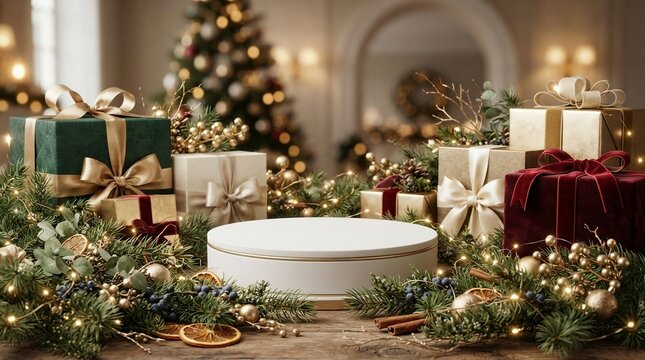 Elegant white circular product podium surrounded by luxury Christmas gift boxes with ribbons, festive ornaments, fairy lights, and pine branches on a wooden table with a blurred tree background
