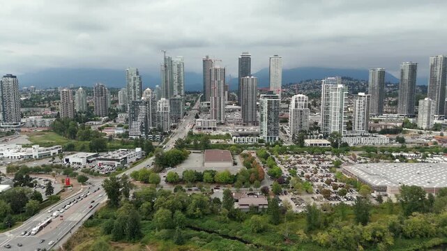 Modern Skyline Of Burnaby With Traffic On Willingdon Avenue In Brentwood, Burnaby, BC, Canada. - aerial shot