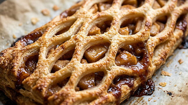 Freshly baked apple lattice pastry on a parchment paper lined baking sheet