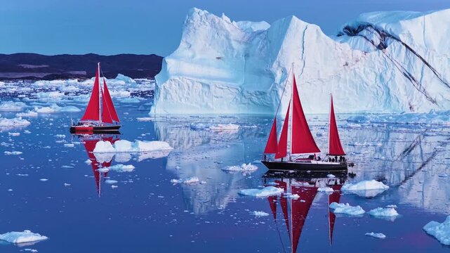 Aerial view of two sailboats with red sails navigating through the icy waters of the Ilulissat Icefjord, surrounded by massive icebergs in Ilulissat, Avannaata Municipalit, Greenland.