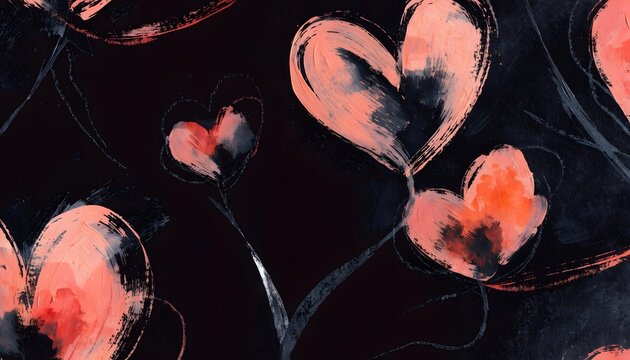 Abstract floral painting featuring pink heart-shaped flowers. Romantic art background and modern Valentine concept design. Creative canvas with expressive heart blooms on dark textured surface