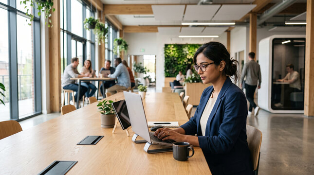 Future of Work Concept with Professional Corporate Employee in Flexible Modern Workplace