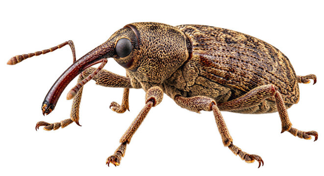 Ultra realistic extreme macro portrait of a complete weevil showing its elongated rostrum, compound eyes, elbowed antennae, legs, wing covers and abdomen. Generated AI.