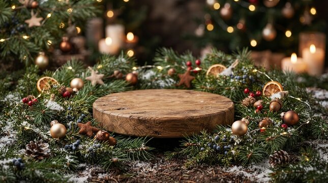 Rustic round wooden podium for product display surrounded by festive Christmas decorations, pine branches, baubles, berries, and warm lights in a cozy holiday atmosphere with snow and bokeh candles.