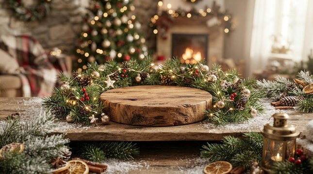 Rustic Wooden Product Podium Stand Surrounded by Christmas Pine Wreath with Fairy Lights, Pine Cones, and Red Berries Against a Blurry Festive Holiday Living Room with Fireplace and Xmas Tree