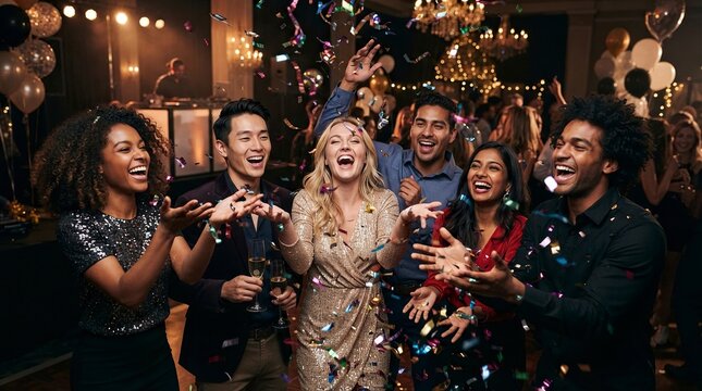 Cheerful Diverse Young Adults Celebrating New Year Party with Falling Confetti, Friends Laughing and Having Fun Together in Festive Nightclub Atmosphere to Welcome 2026 Countdown Event