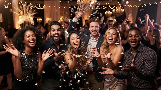 Group of Joyful Diverse Young Adults Celebrating New Year Event with Confetti and Laughter in a Festive Evening Party Setting, Expressing Happiness and Friendship During Holiday Gala Celebration