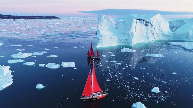 Aerial view of two sailboats with vibrant red sails navigating through massive icebergs in the calm waters of Ilulissat, Avannaata Municipalit, Greenland.
