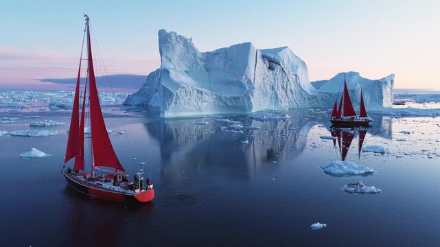 Aerial view of red sailboats navigating through massive icebergs in the calm waters of the Ilulissat Icefjord in Ilulissat, Avannaata Municipalit, Greenland.
