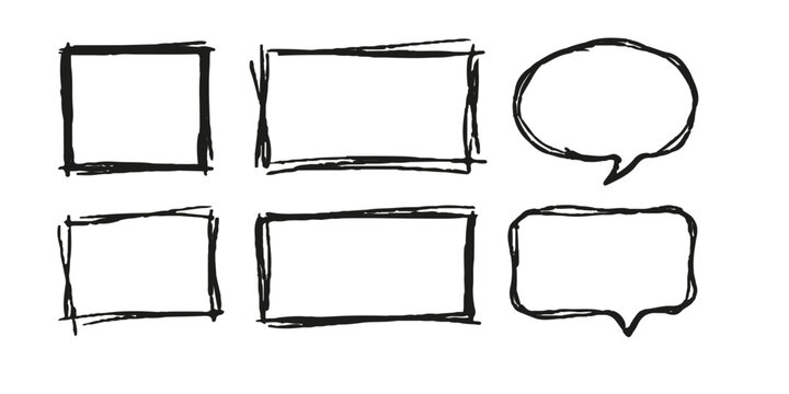 Set of black hand-drawn square and speech bubble sketches on black background with sketch rectangles speech bubbles drawn shapes sketch boxes ink sketch design