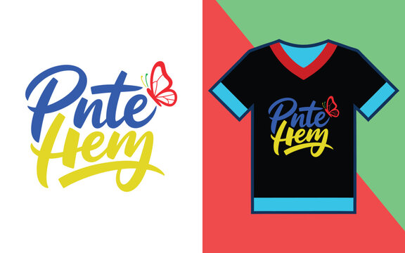 Pnte frem script text with butterfly displayed on a black t-shirt with blue and red trim details