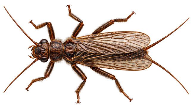 Ultra realistic extreme macro portrait of a complete stonefly showing compound eyes, antennae, mouthparts, folded wings, segmented abdomen, legs and paired tails. Generated AI.