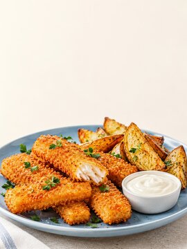 Golden fish fingers with roasted potato wedges and a creamy white dip