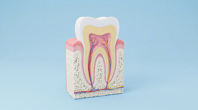 Detailed 3D anatomical model of human molar tooth cross section showing internal root canal pulp chamber dentin enamel layer and jawbone on blue background