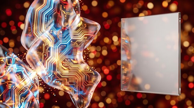 Abstract computer chip circuit board design with glowing bokeh lights and copy space