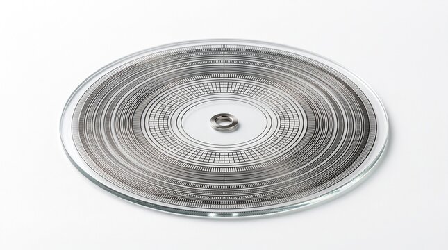 Optical encoder disc for robotic servo motor. Micro-machined glass wheel with laser-etched tracks for absolute positioning and motion control. Precision hardware isolated on white.