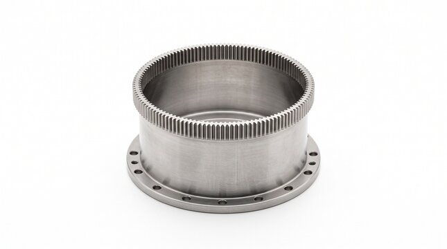 Harmonic drive flexspline gear. Micro-machined flexible steel cup with involute gear teeth for zero-backlash industrial robot transmission. Macro hardware isolated on white background.