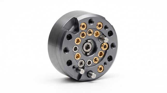 Robotic automatic tool changer coupling face. Anodized aluminum block with brass pneumatic ports and steel alignment pins for end-of-arm tooling. Isolated industrial hardware.