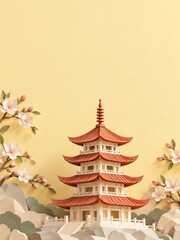Obraz premium Folded paper pagoda with coral roofs and cherry blossoms against warm yellow