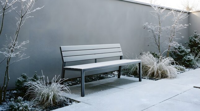 Snow covered park bench in a quiet winter garden with a gray stone wall backdrop