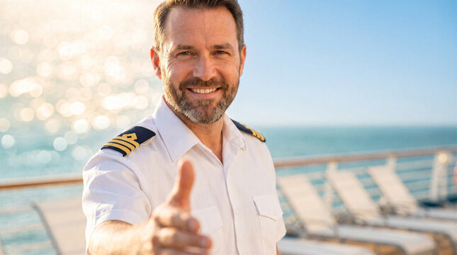 Friendly cruise ship captain in uniform extending his hand for a handshake while standing on the deck of a luxury cruise ship
