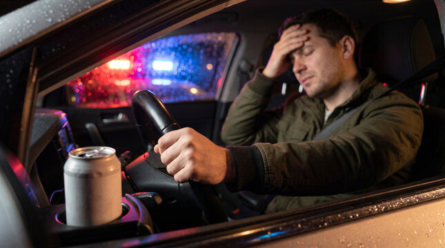 Stressed driver sitting in car with police lights reflecting on window and an open beverage can in the cup holder