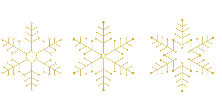 Ornate Gold Snowflake Set PNG, Intricate Golden Crystal Ornaments with Detailed Branches, Transparent Background