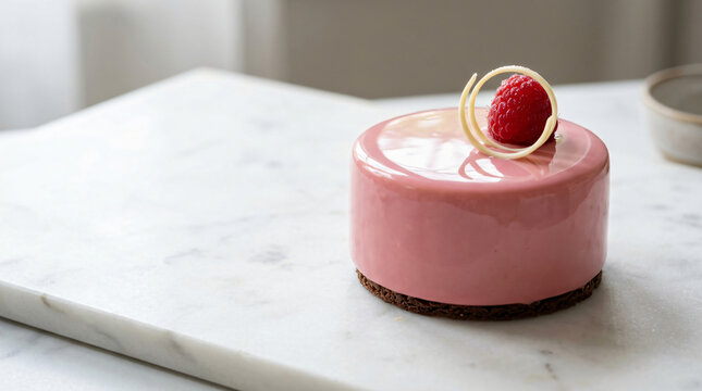 A delicious gourmet pink mousse cake topped with a fresh raspberry on a marble surface.