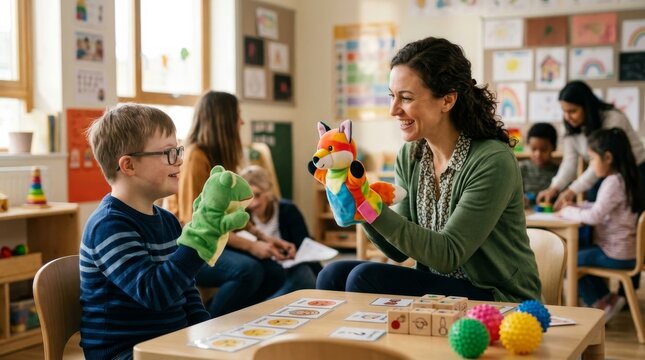 Young boy and teacher playing with vibrant hand puppets during therapy