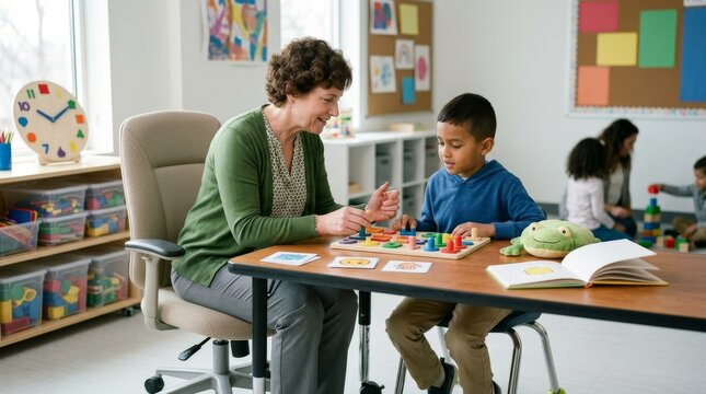 Teacher and child engaged in educational peg game at classroom table