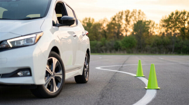 White car parked on an asphalt driving course with green traffic cones and painted lines during a sunset