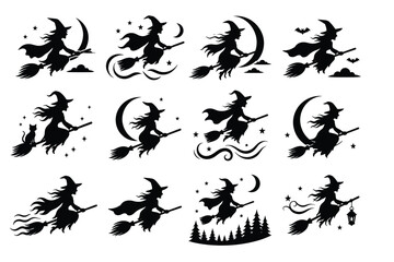 Fototapeta premium A collection of silhouetted witches flying on broomsticks under a crescent moon