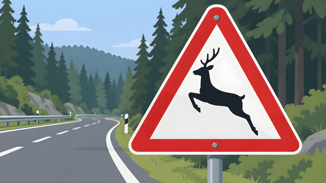 Deer crossing road sign warning about wildlife in a forest landscape setting