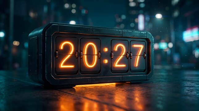 A vintage digital flip clock displaying the time twenty twenty seven with glowing orange numbers on a dark background