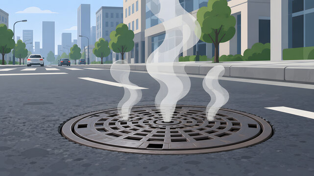 Steam rising from a metal manhole cover on a city street with urban architecture