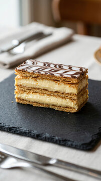 A delicious slice of mille-feuille pastry served on a black stone plate.