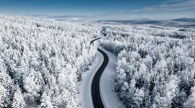 Aerial view of a winding road through a snow covered forest in winter