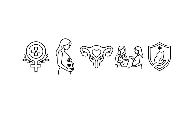 Gynecology Pregnancy Women Health Safe Maternal Care Outline Vector Set