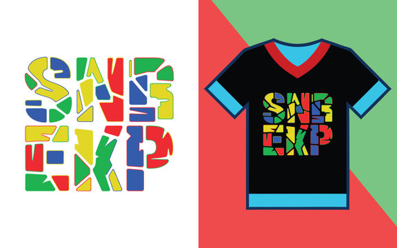 T-shirt with fragmented abstract typography reading snb ekp in multi-colored geometric shapes on black apparel