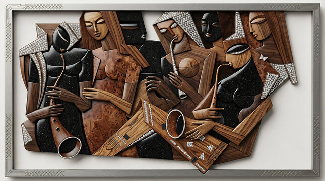 Wooden Relief Wall Art Depicting Cubist Jazz Musicians playing Saxophone and Flute