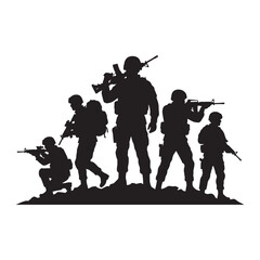 Fototapeta premium Black silhouette of a squad of military soldiers with rifles vector illustration