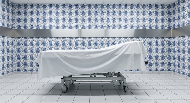 Stainless steel morgue table covered with white sheet in autopsy room