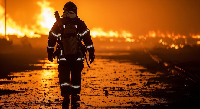 Silhouette of a firefighter walking toward a raging wildfire