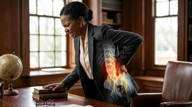 Body discomfort condition: woman suffer, back ache, spinal disorder, nerve compression, lumbar pain, disc hernia, degenerative change, orthopedic aspect, neurologic issue, vertebra problem.