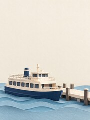 Fototapeta premium Cream and navy paper ferry beside a miniature pier on layered blue waves