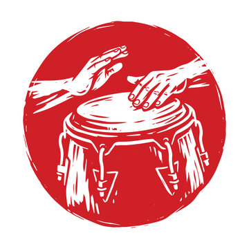 Musician hands actively playing an ethnic conga drum inside red circle vector illustration.